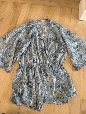 Elan Blue & White Paisley Wrap-Style Romper